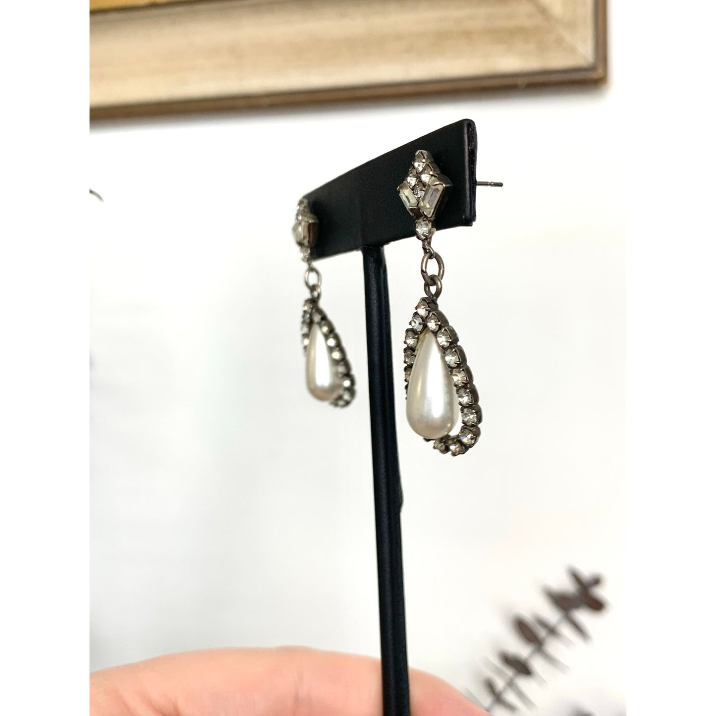 Vintage Art Deco Rhinestone Faux Pearl Drop Earrings Teardrop Bridal Dangle Post Back