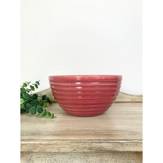 Vintage Ceramic Mixing Bowl Ribbed Pottery Pink Dusty Rose Glaze Farmhouse Cottagecore
