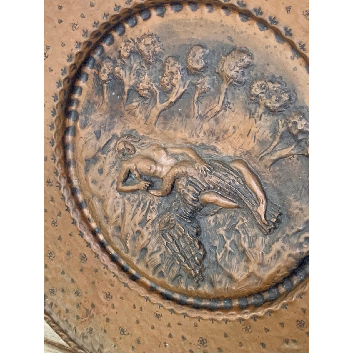 Vintage Copper Leda and Swan Repousse Wall Plaque Mythological Art Relief Scene