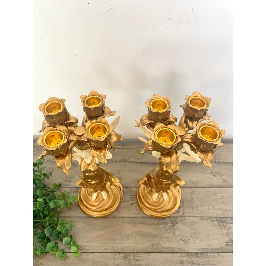 Vintage Art Nouveau Style Winged Women Candelabra Pair Gold Figural Fairy Candle