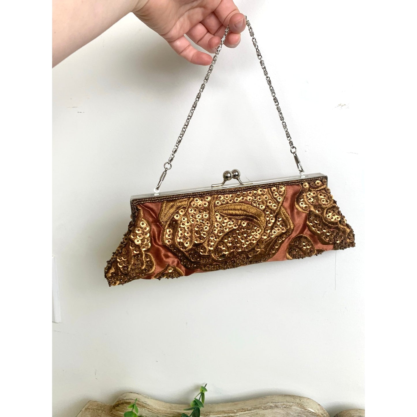Vintage Brown Sequin Beaded Clutch Purse Evening Bag Cocktail Party Y2K Glam Wedding Guest