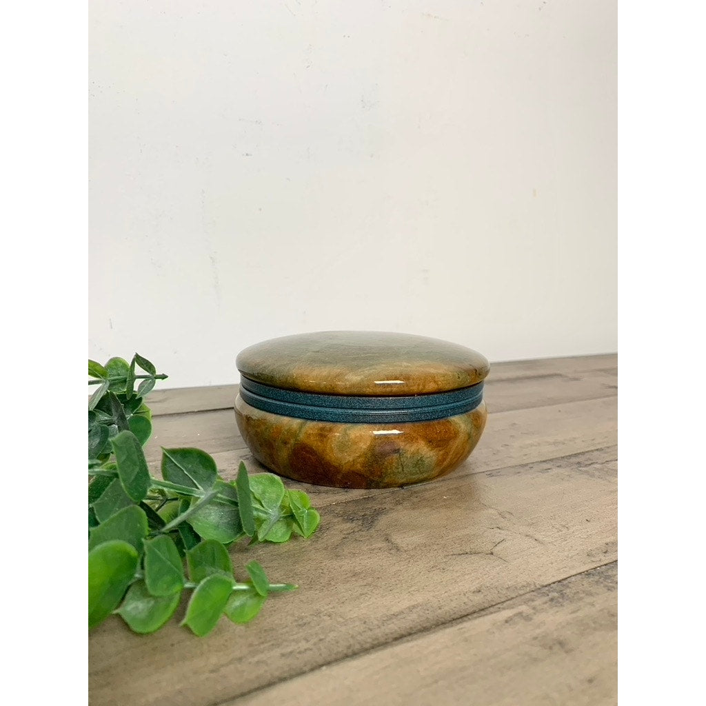 Vintage Alabaster Trinket Jewelry Box Hinged Earthy Green Brown Veining Stone