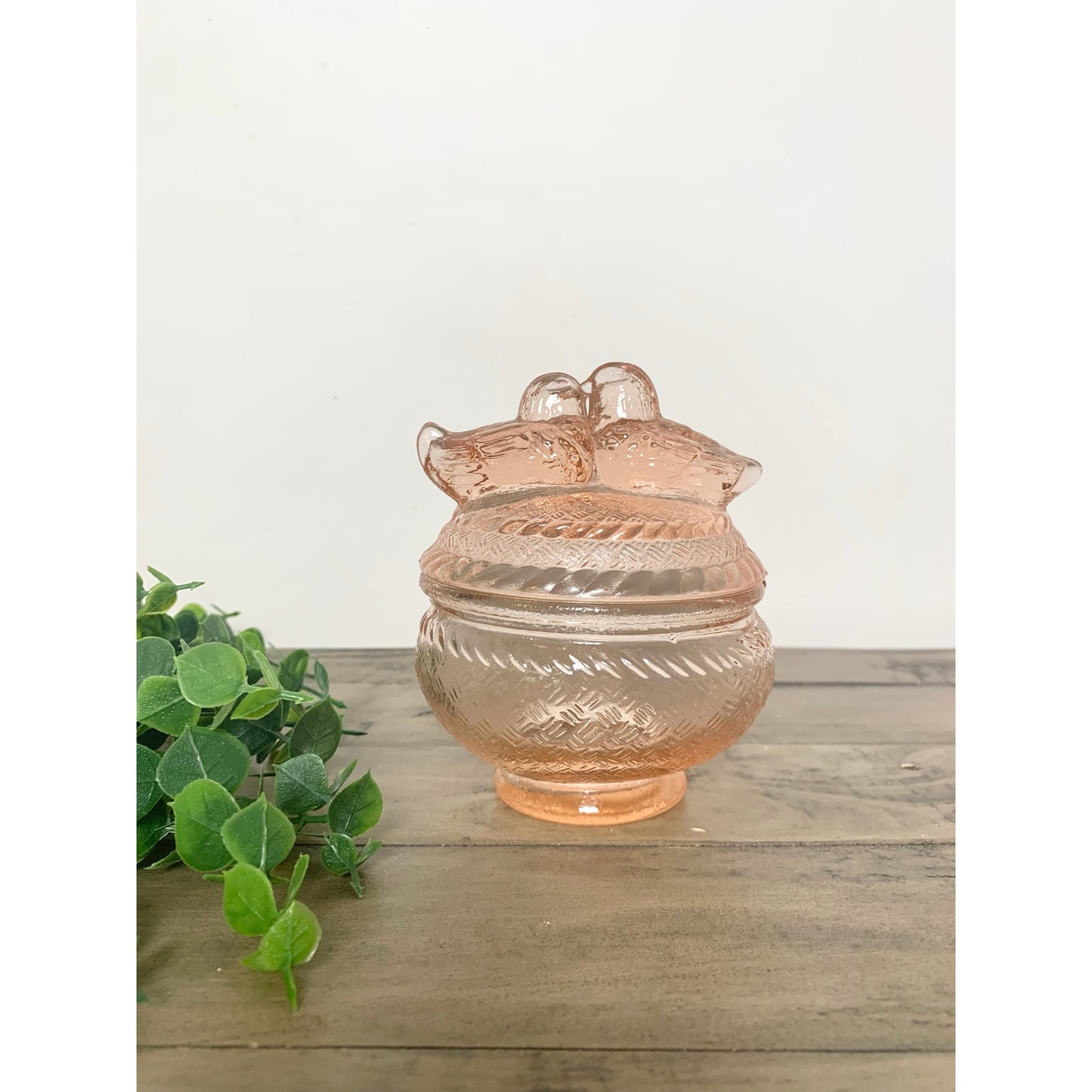 Vintage Pink Depression Glass Lovebirds Covered Candy Dish Romantic Glass Vanity Jar Trinket Box