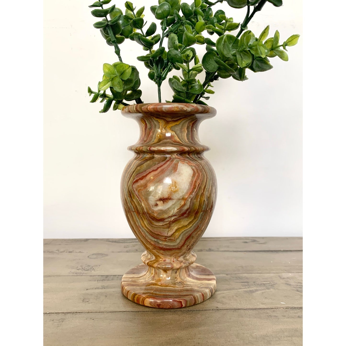 Vintage Polished Onyx Stone Vase Natural Striped Marble Pattern Earthy Boho Urn