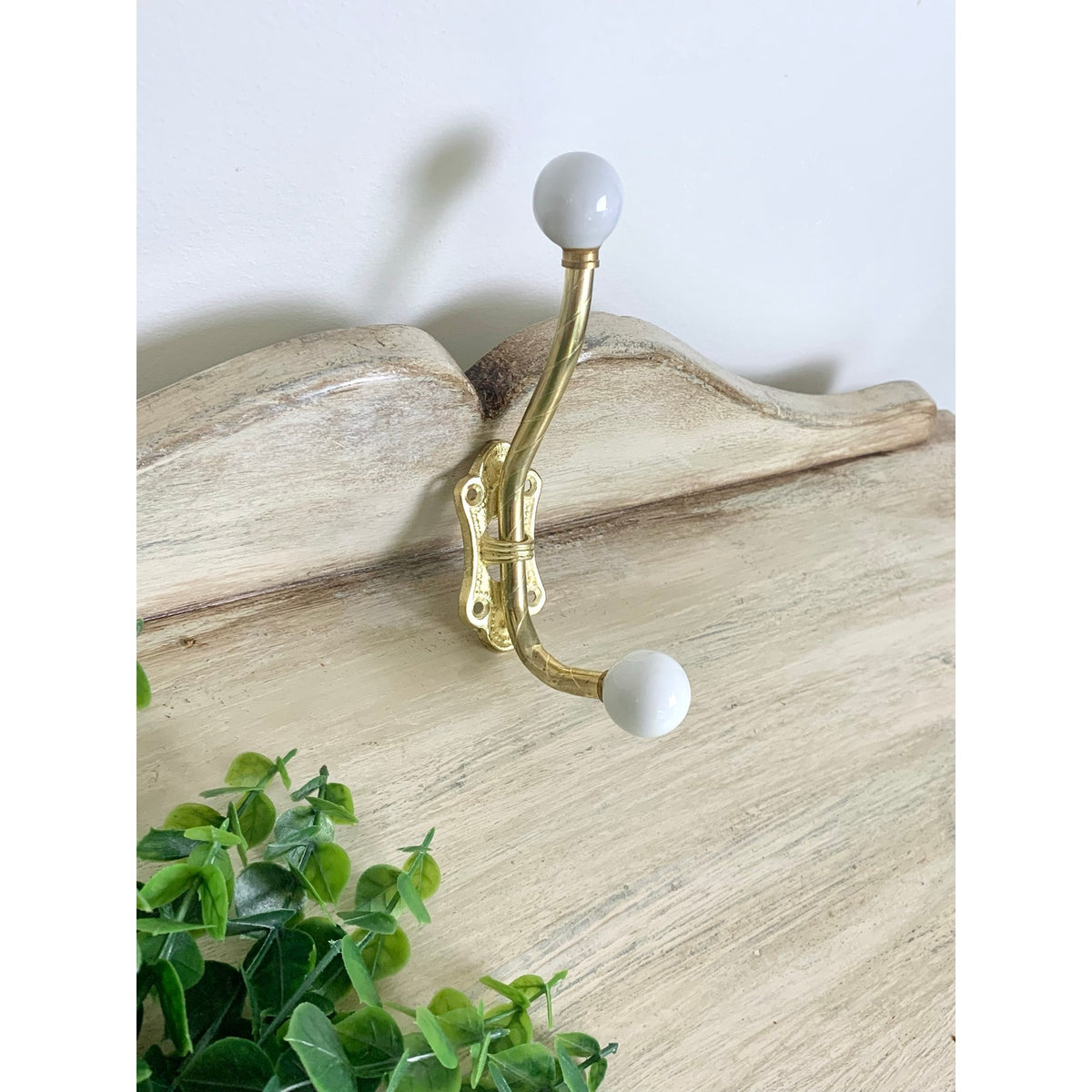 Vintage Brass Double Wall Hook White Porcelain Knobs Coat Rack Hardware