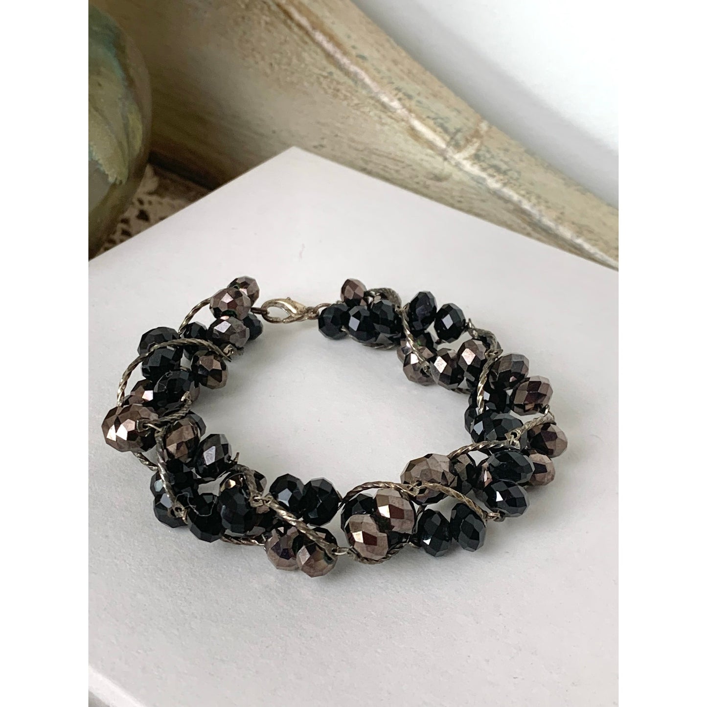 Vintage Smoky Faceted Beaded Bracelet Multi Strand Dark Crystal Glass Bead Statement Jewelry