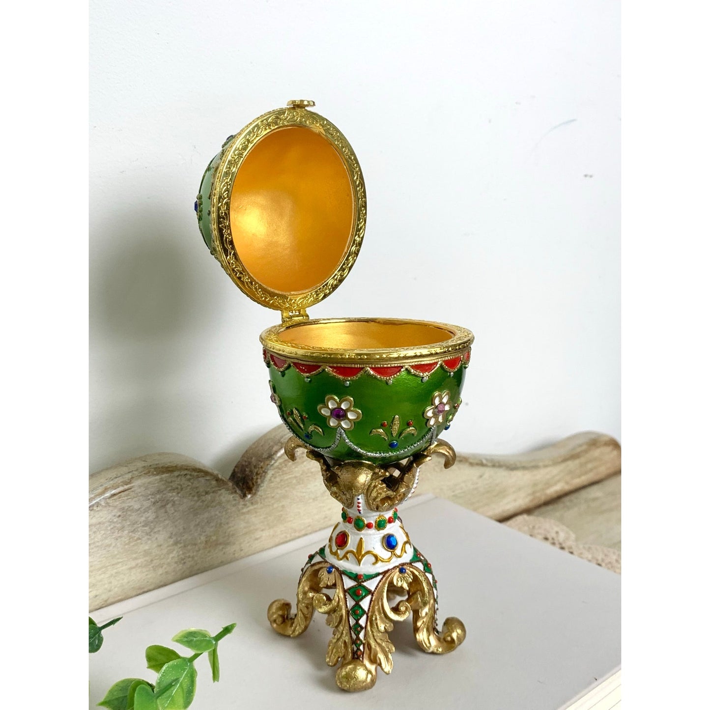 Vintage Faberge Style Green Enamel Egg Trinket Box Jeweled Pedestal Jewelry Box
