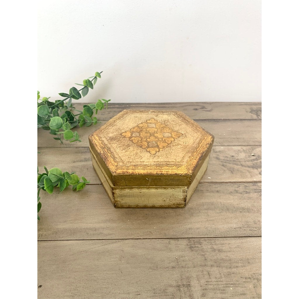 Vintage Florentine Gold Giltwood Box Made in Italy Hexagon Trinket Box Old World Regency