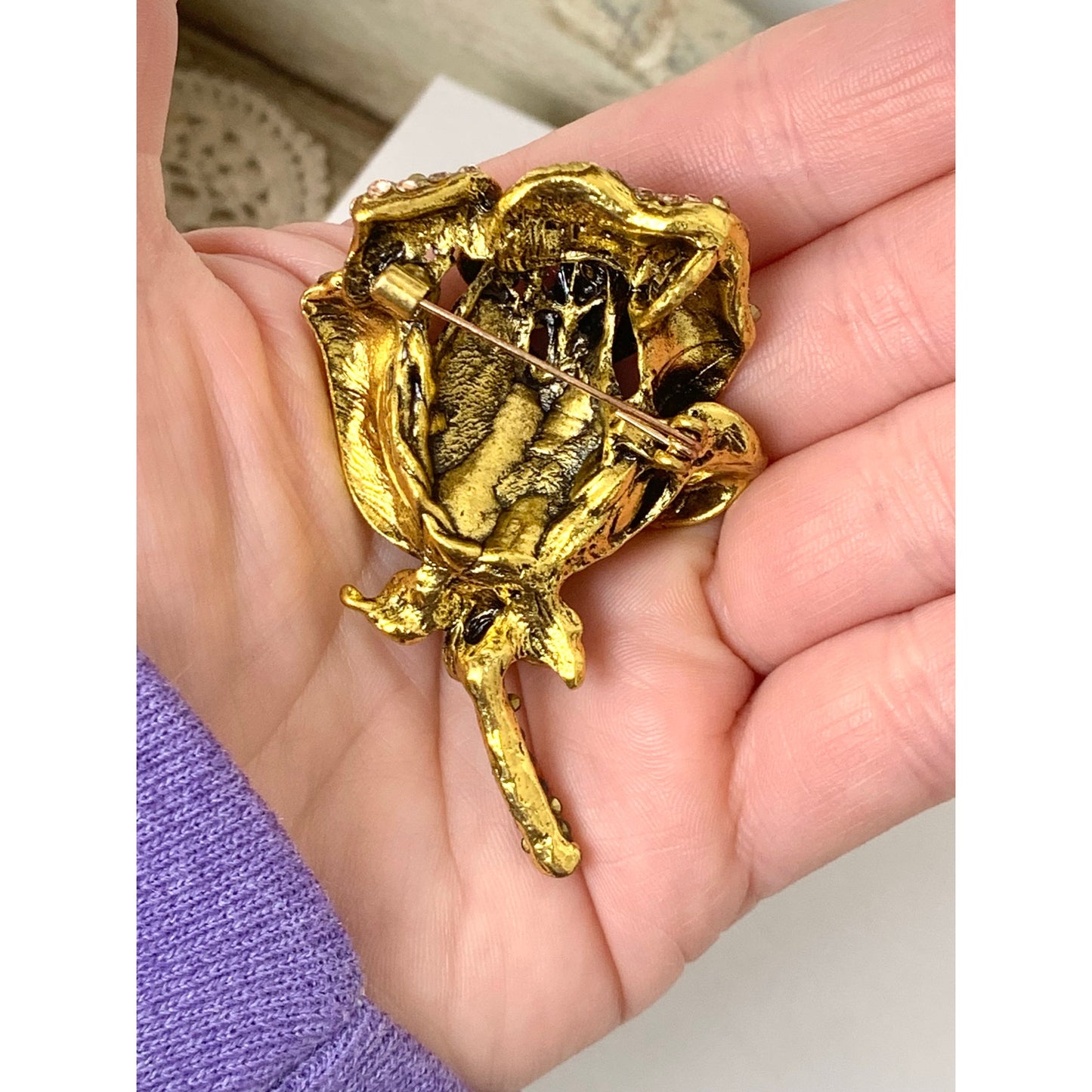 Rhinestone Rose Brooch and Pendant Gold Tone Flower Pin Statement Jewelry
