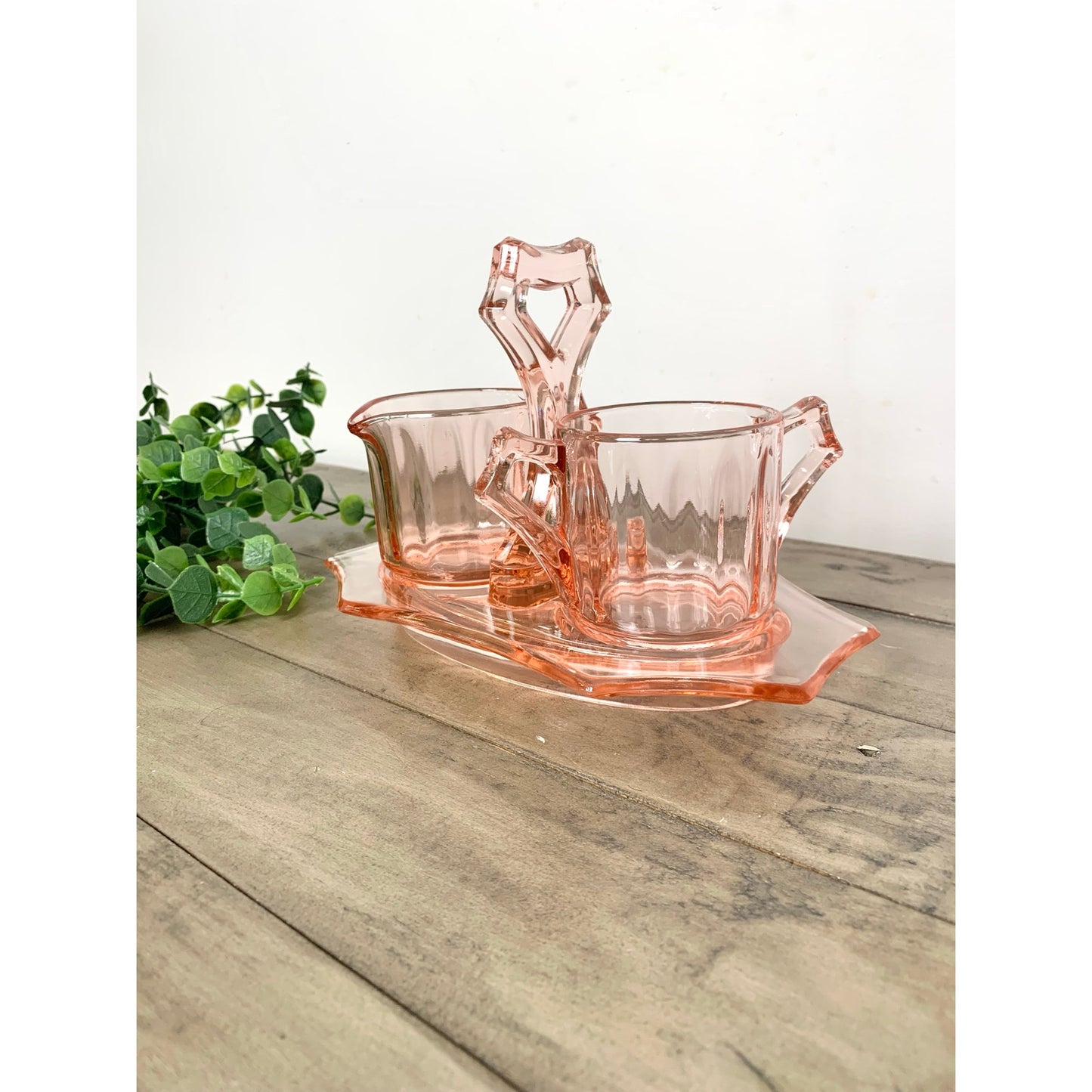 Vintage Cambridge Pink Depression Glass Cream and Sugar Set with Caddy