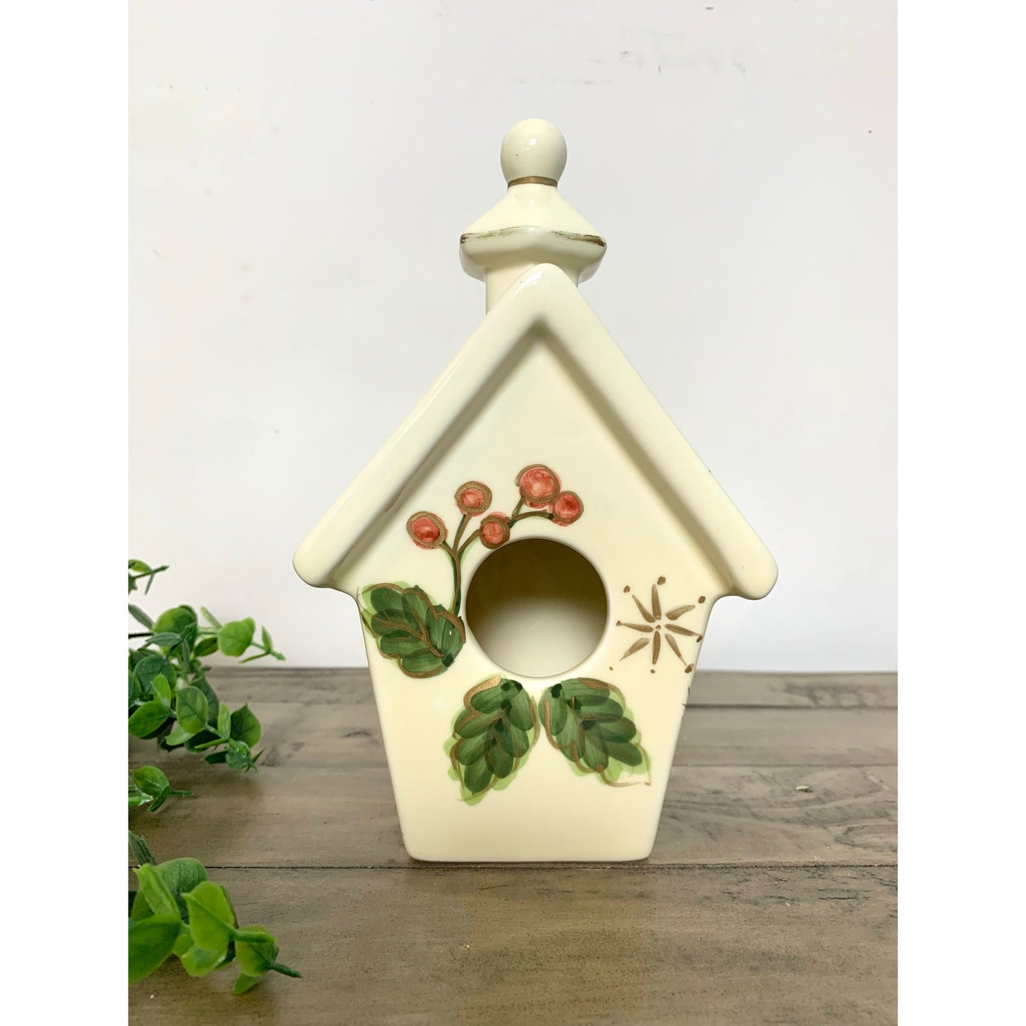 Vintage Ceramic Christmas Birdhouse with Hand Painted Holly and Berry Design Holiday Cottage