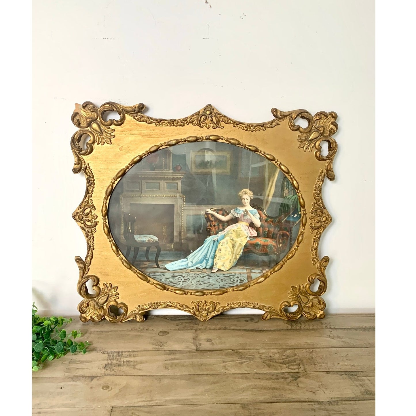 Vintage Gilt Rococo Framed Engagement Portrait Wall Art Romantic Print Ornate Carved Wood