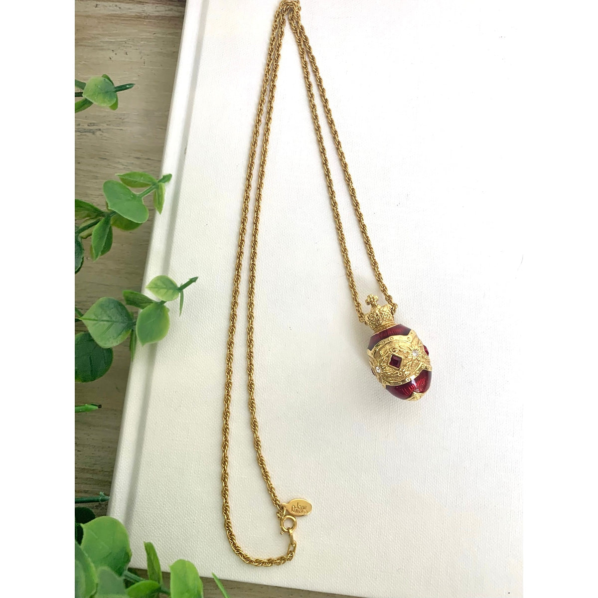 Vintage Joan Rivers Red Enamel Egg Pendant Necklace Crown Rhinestone Gold Tone