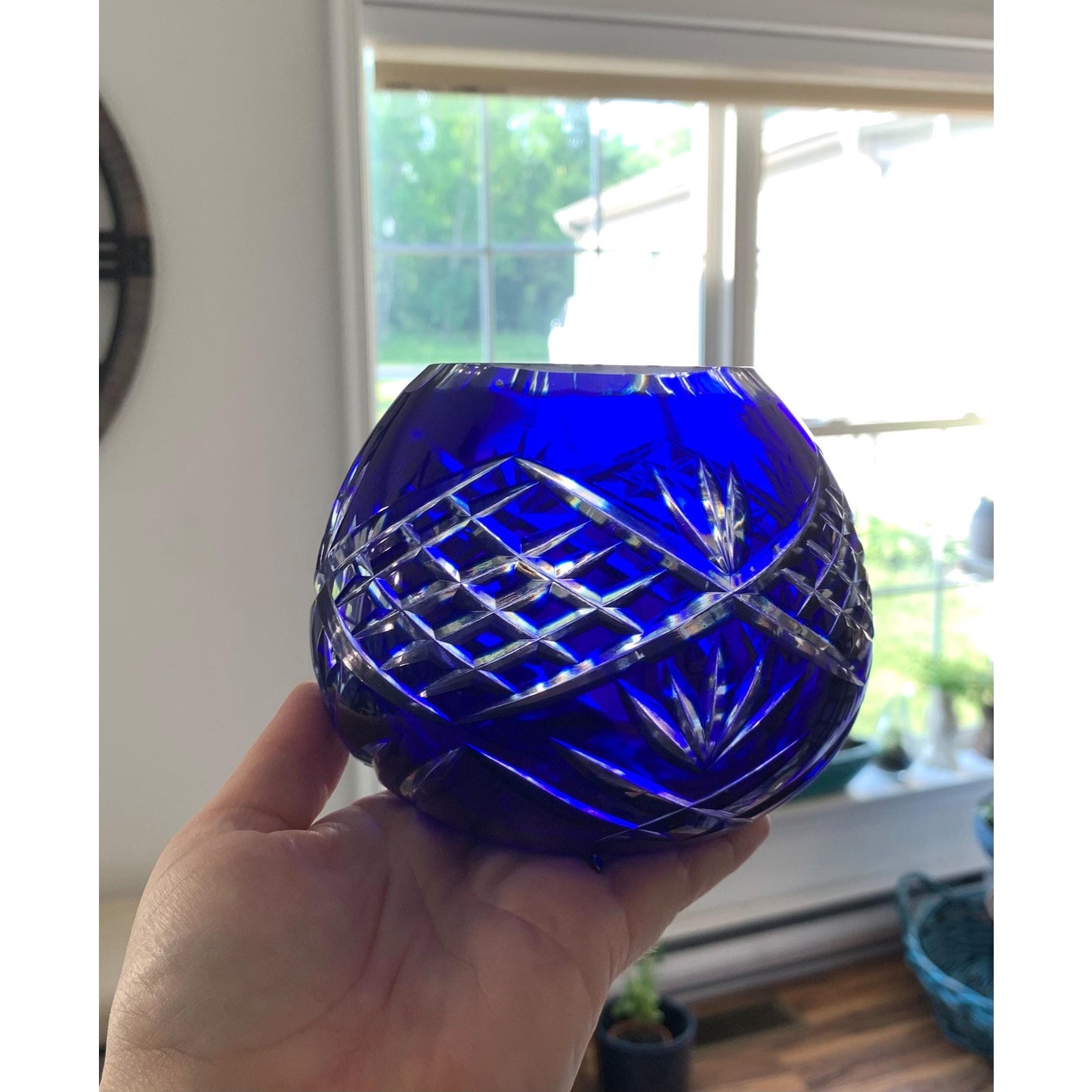 Vintage Cobalt Blue Cut to Clear Crystal Candle Votive Vase