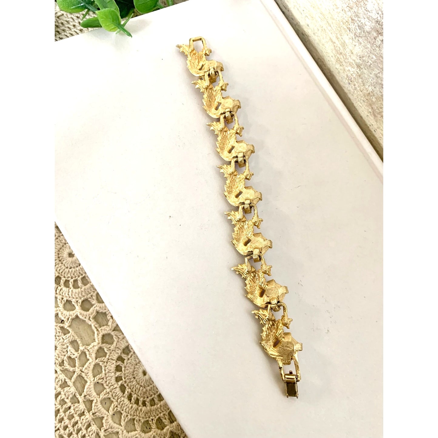 Vintage Pink Aurora Borealis Rhinestone Bracelet Gold Leaf Statement Jewelry Glam