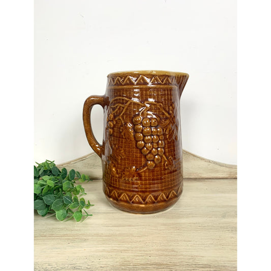 Antique North Star Stoneware Pitcher Brown Salt Glaze Jug Vase Grape Relief Rustic Farmhouse Cottagecore
