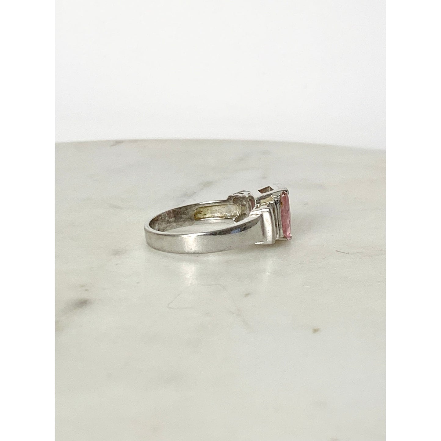 Vintage Sterling Silver Pink Princess Cut CZ Ring Size 8.25 Cocktail Art Deco