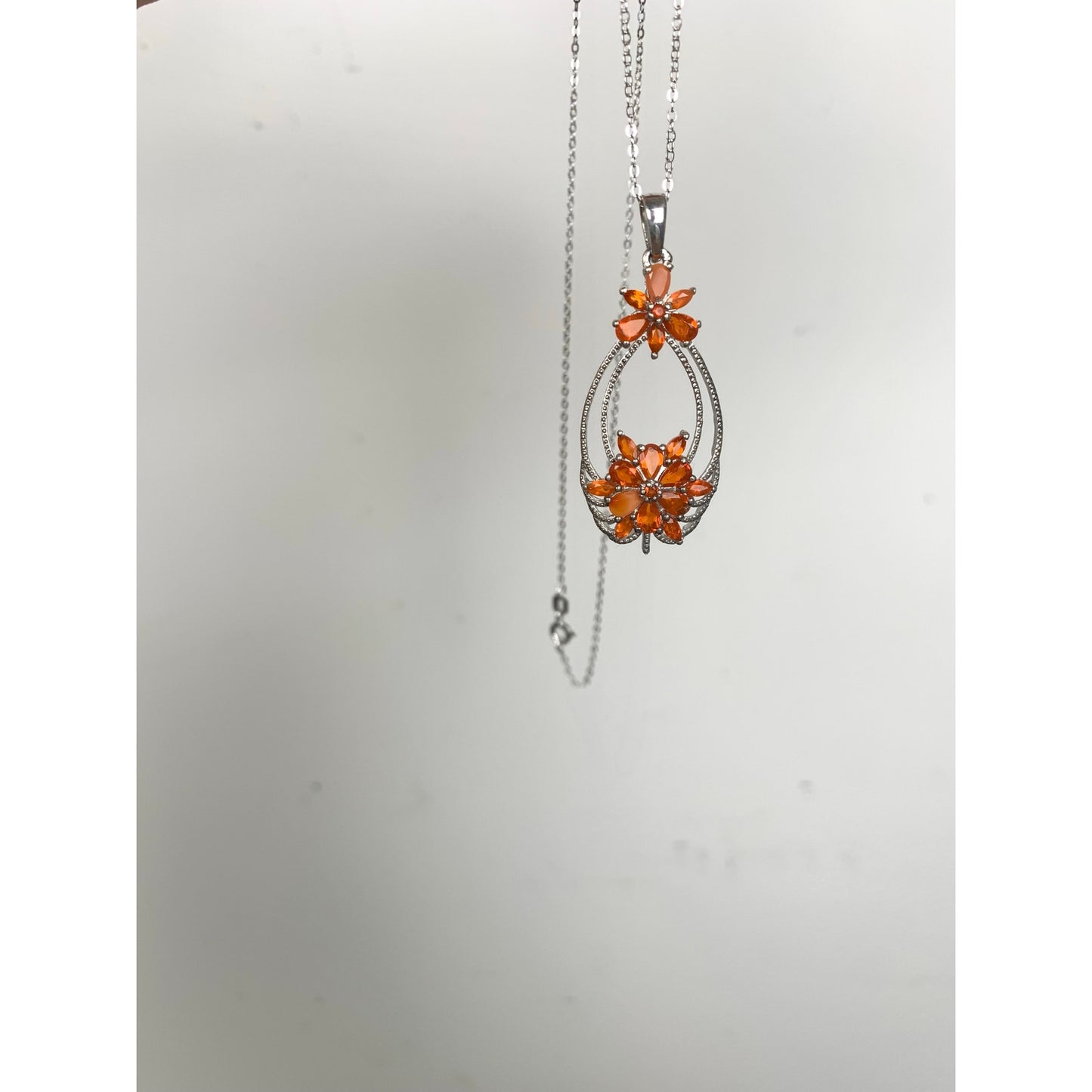 Sterling Silver STS Orange Gemstone Floral Pendant Necklace 925 Vintage Style Statement Necklace