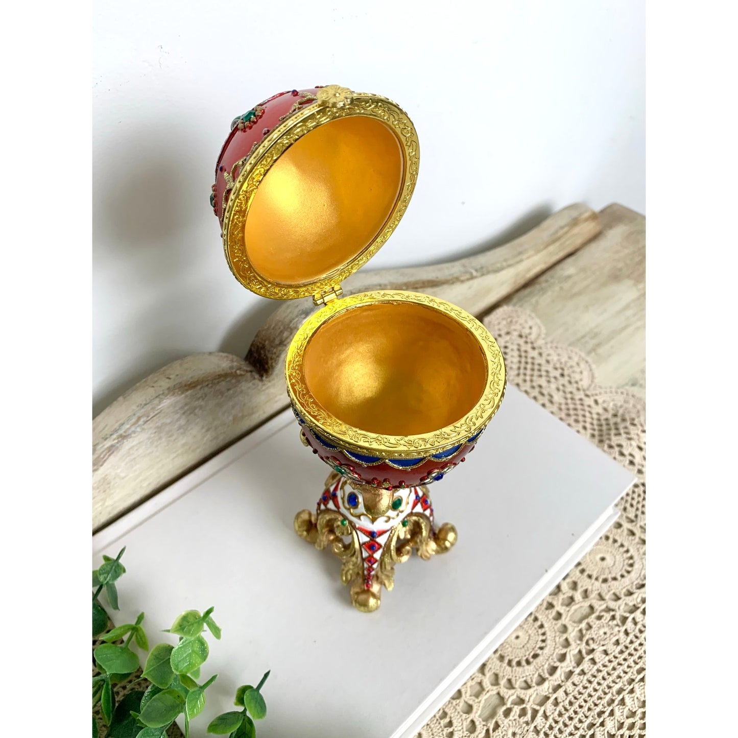 Vintage Faberge Style Red Enamel Egg Trinket Box Jeweled Pedestal Jewelry Box