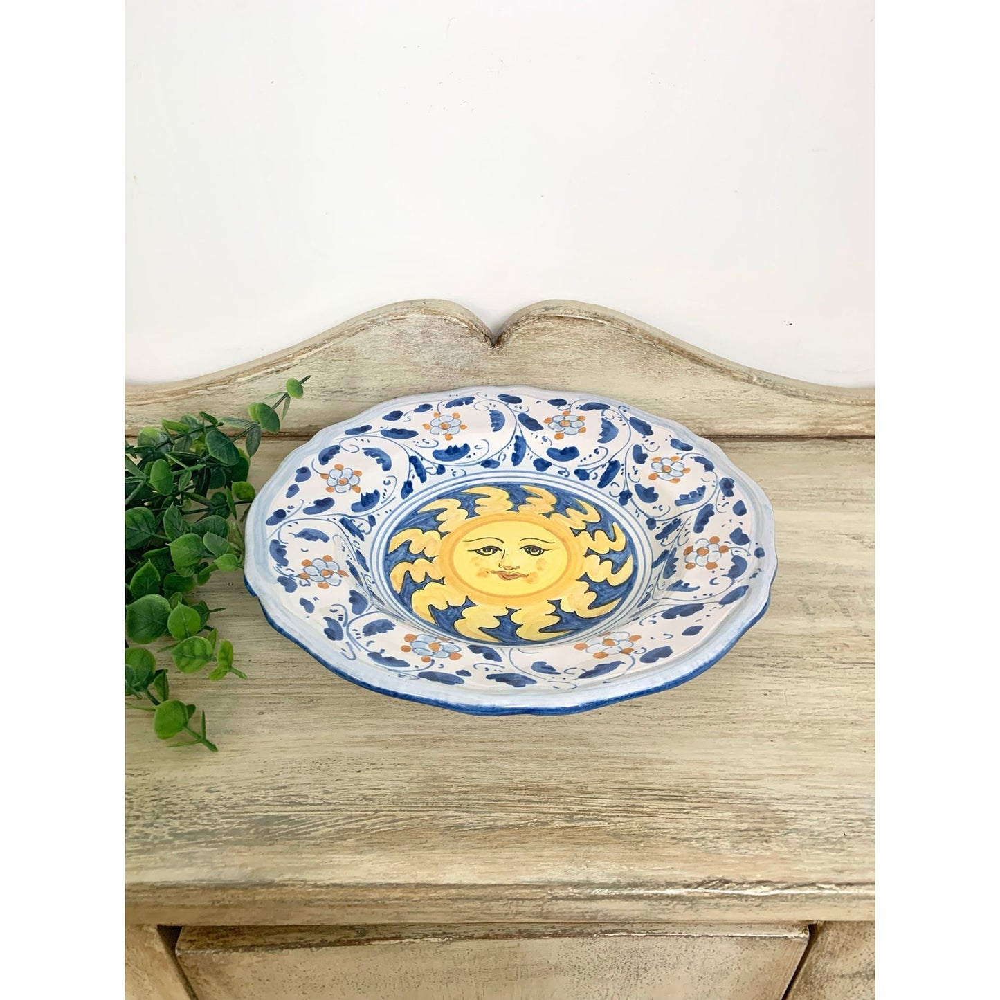 Vintage Italian Pottery Bowl Caltagirone Hand Painted Sun Sicilian Art Dish