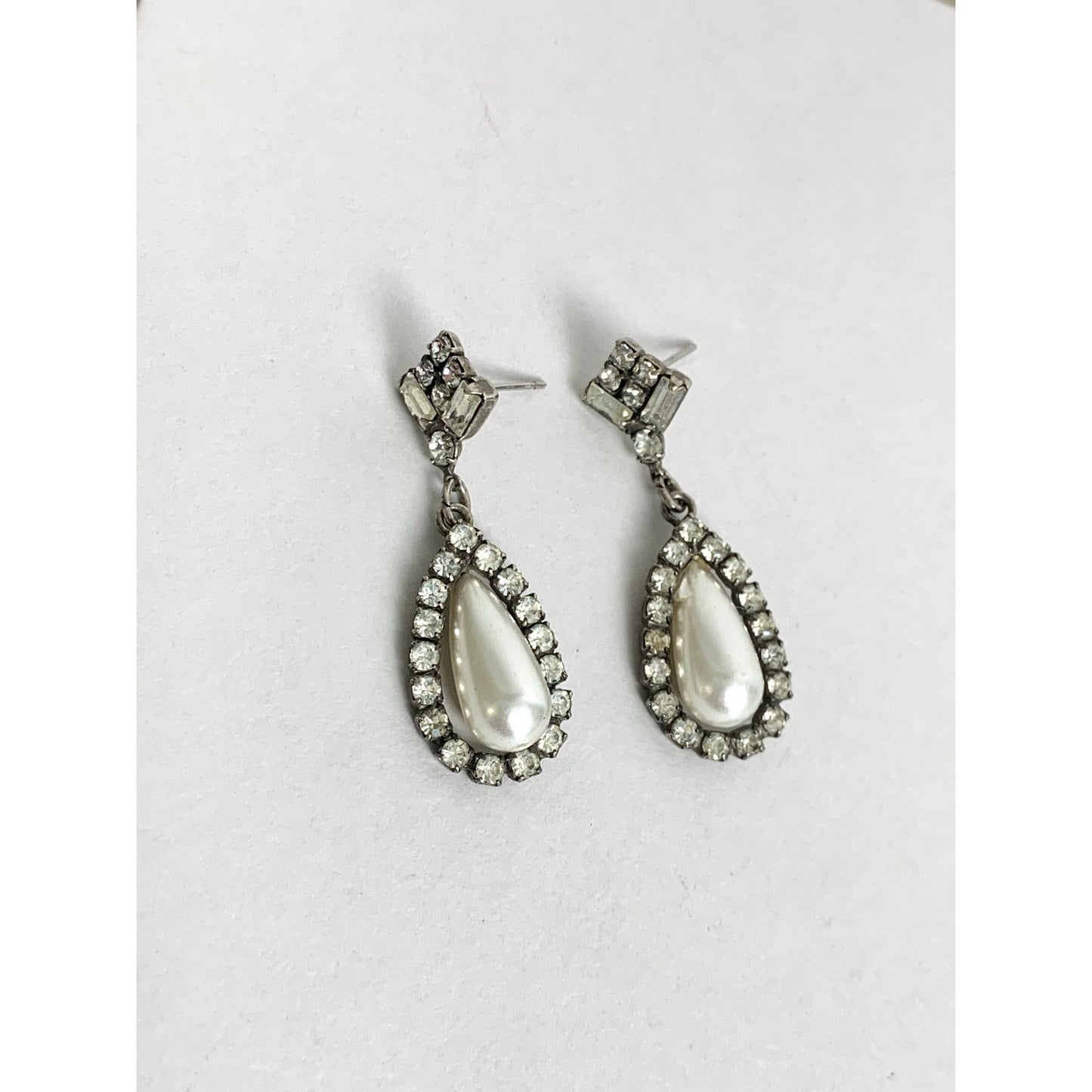 Vintage Art Deco Rhinestone Faux Pearl Drop Earrings Teardrop Bridal Dangle Post Back