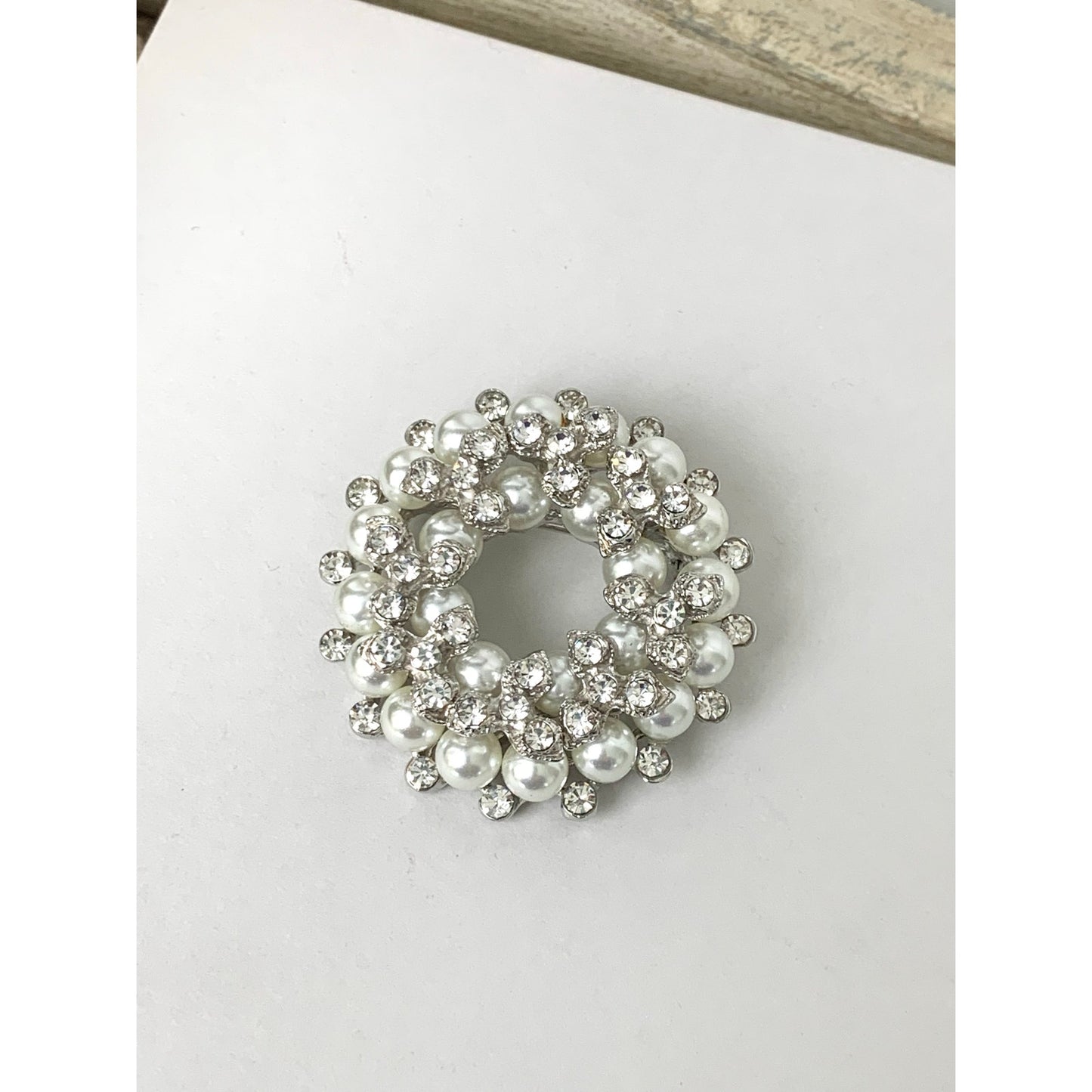 Vintage Faux Pearl and Rhinestone Wreath Brooch Classic Circle Pin Elegant Jewelry