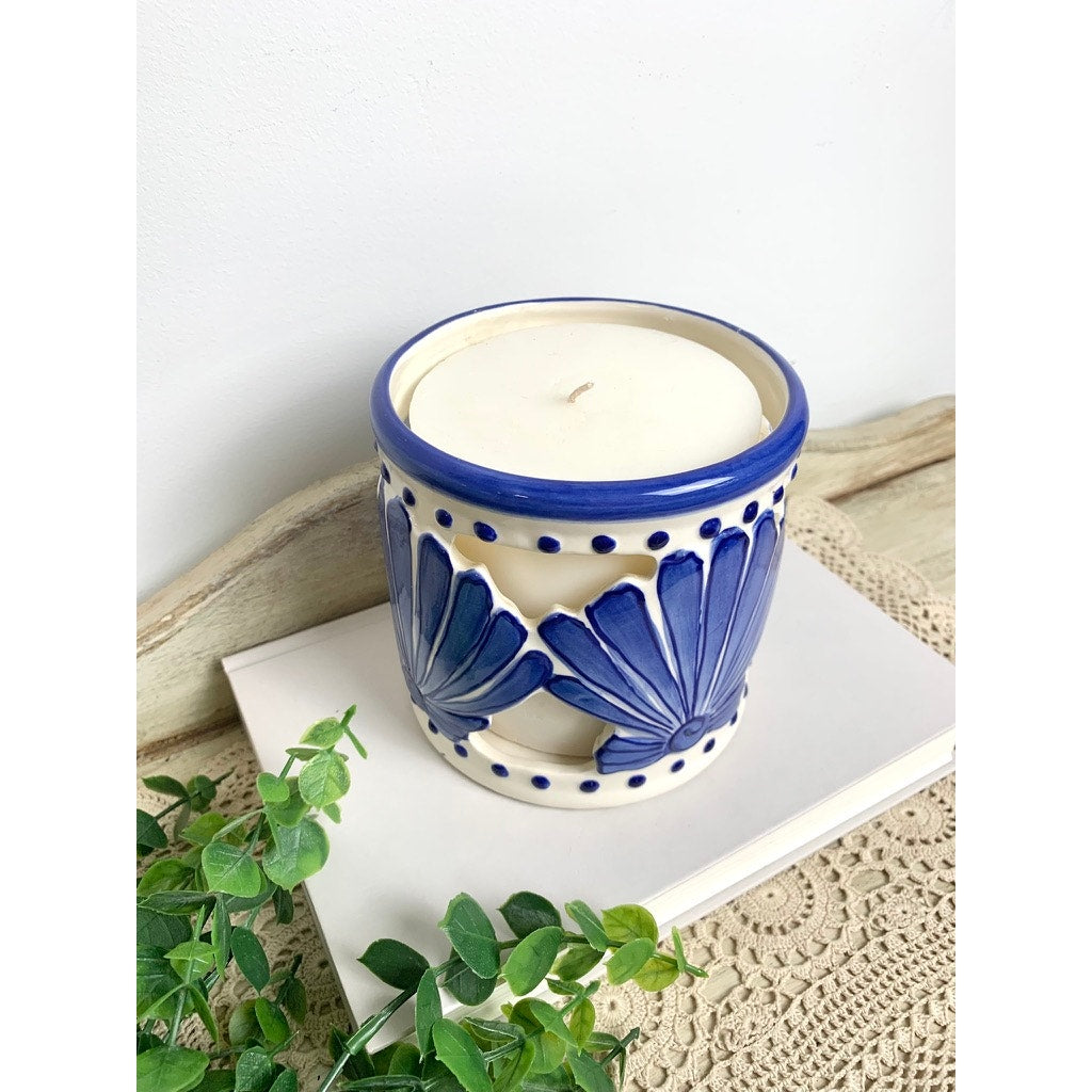 Vintage Blue and White Coastal Shell Candle Holder Ceramic Cutout Beach Votive