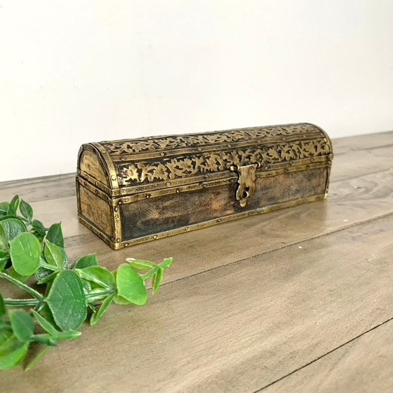Vintage Brass Wood Trinket Box Floral Etched Hinged Jewelry Box Vanity Old World