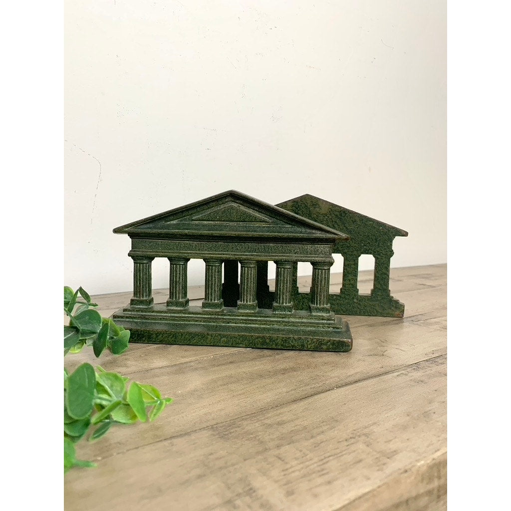 Vintage Cast Iron Greek Roman Bookends Green Greek Parthenon Columns Old Money