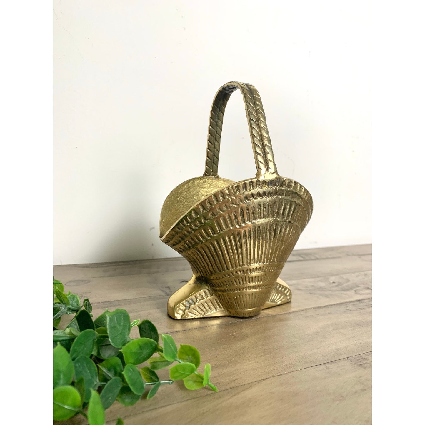Vintage Solid Brass Seashell Basket Planter with Handle Heavy Coastal Nautical