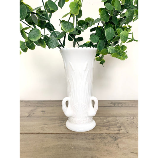 Vintage Westmoreland Milk Glass Swan Vase 6.5 Inch Embossed Reeds Cottage Decor