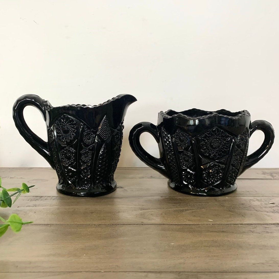 Vintage Tiara Indiana Glass Black Daisy Monarch Creamer and Sugar Set – Pressed Glass Mid Century Barware