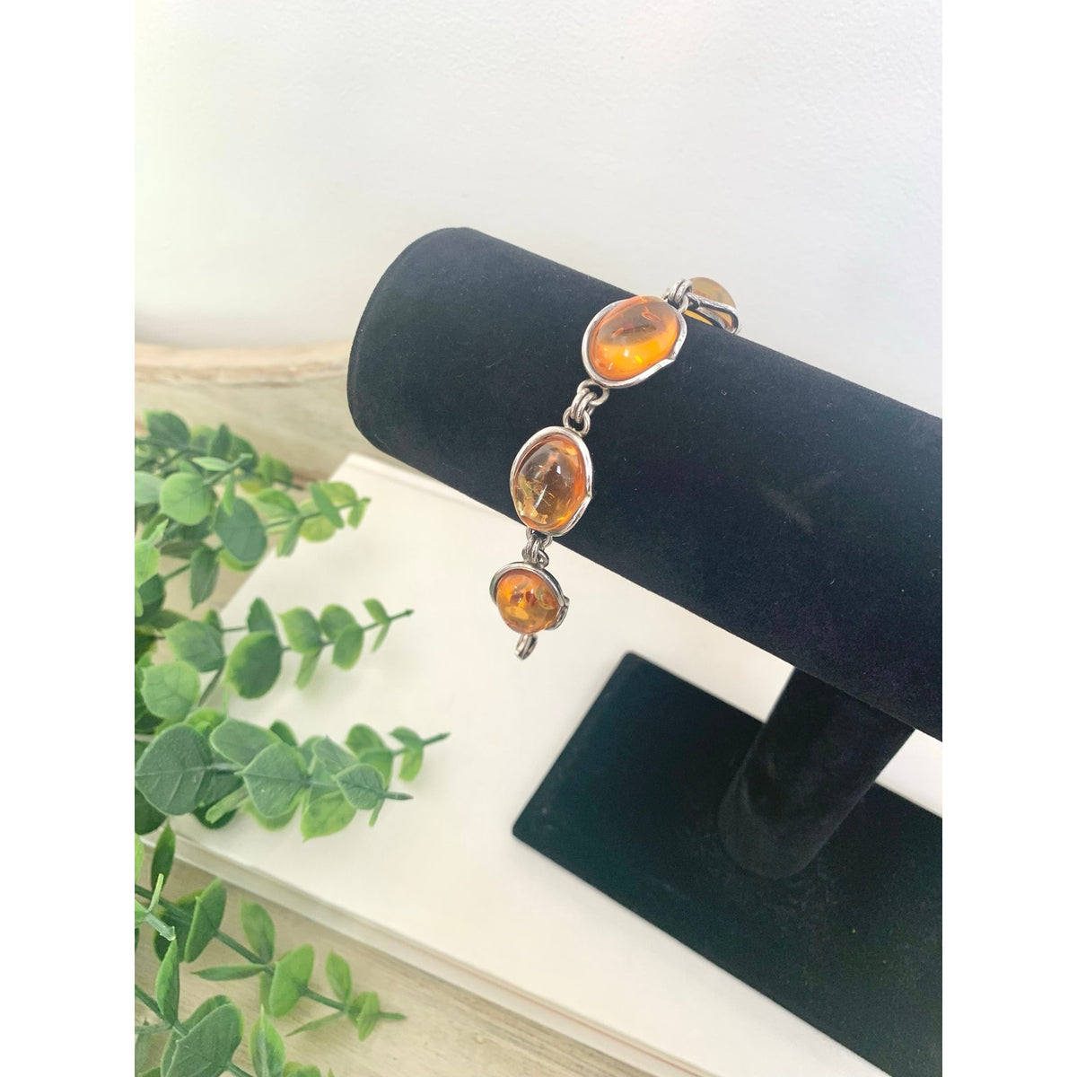 Vintage 925 Sterling Silver Amber Bracelet Six Stone Oval Link Jewelry Boho Southwestern