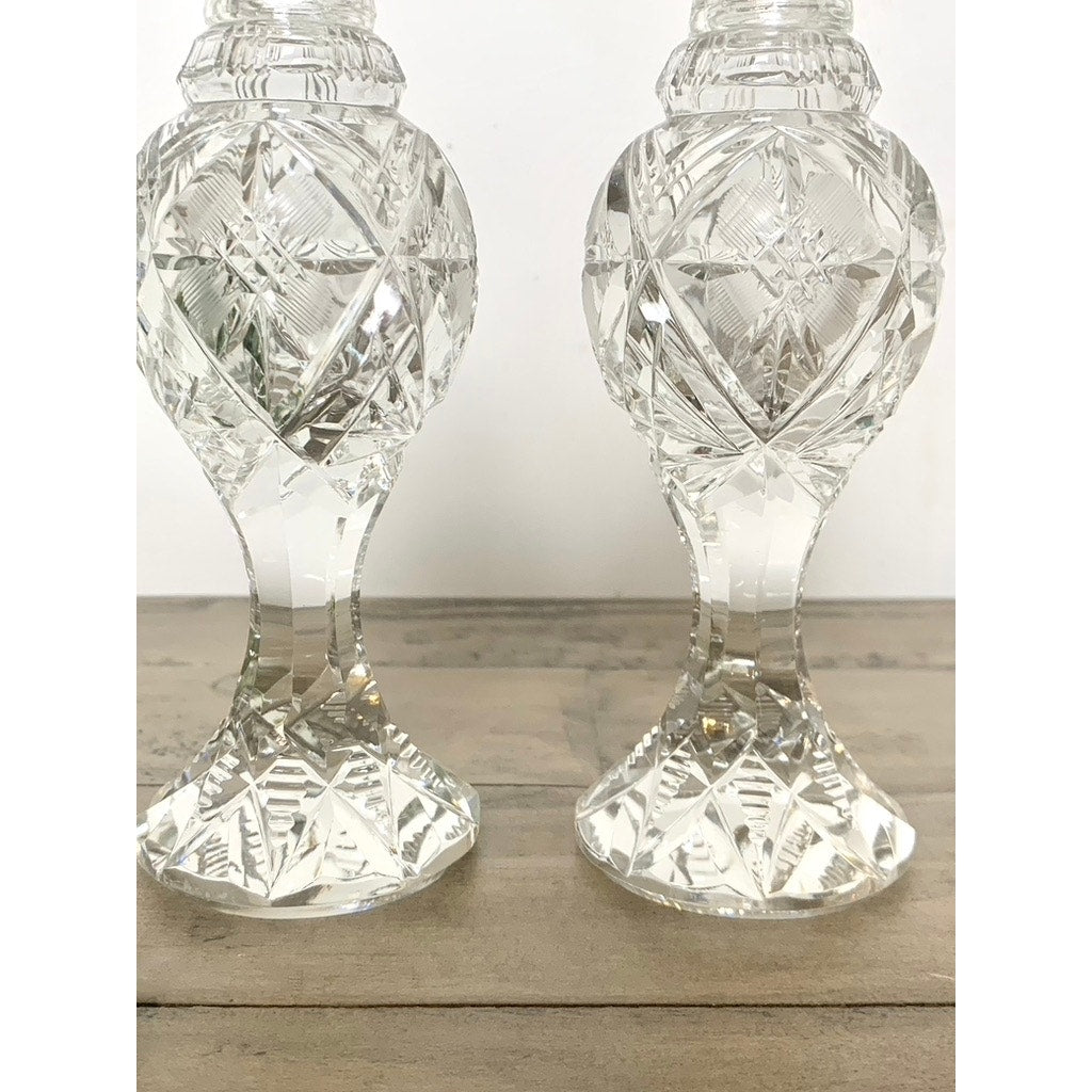 Vintage Cut Crystal Salt & Pepper Shakers Faceted Pedestal Pair with Starburst Pattern