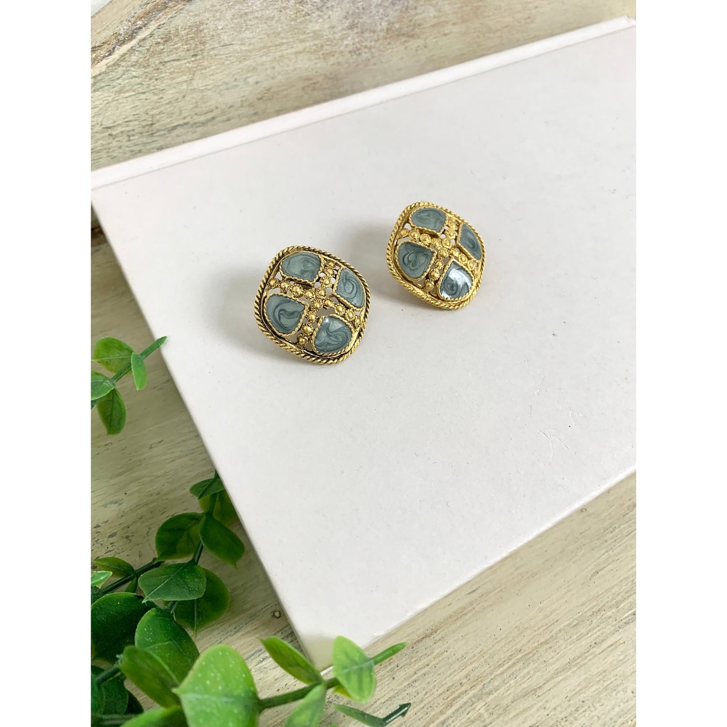 Vintage Goldtone Teal Swirl Enamel Statement Earrings Chunky Retro Post Back 1980s