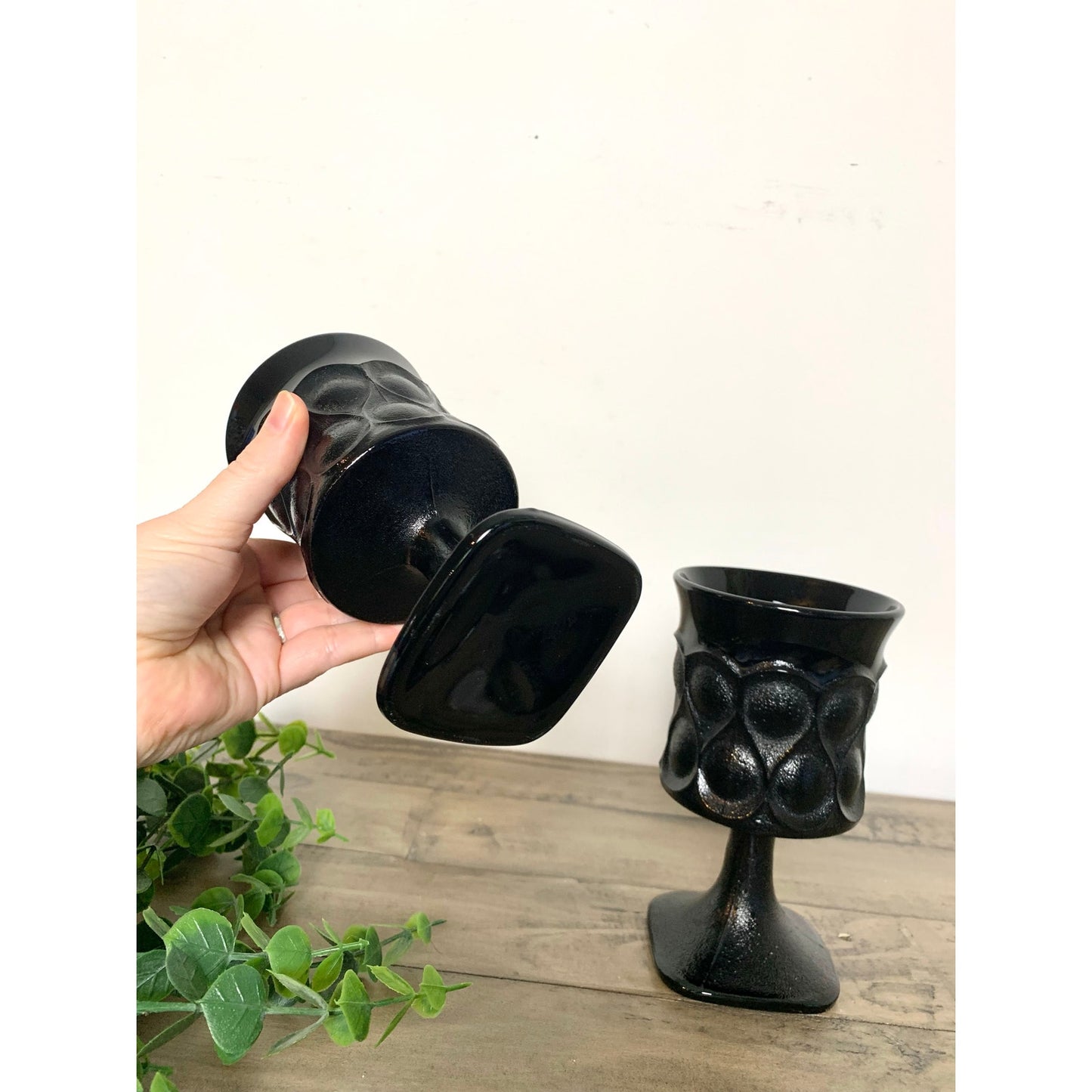 Vintage Noritake Spotlight Ebony Black Glass Water Goblets Mid Century Modern