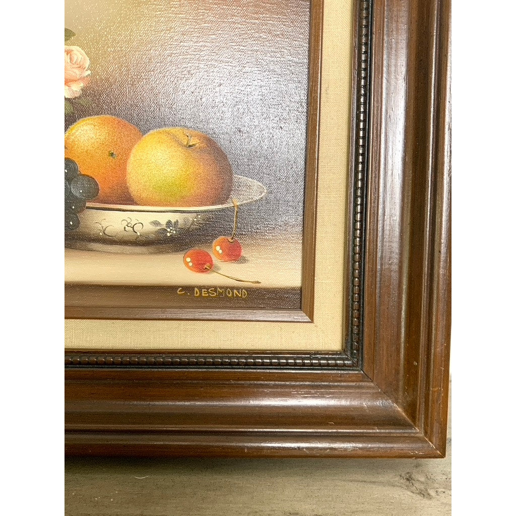 Vintage Still Life Oil Painting Signed C. Desmond, Framed Fruit & Floral Art