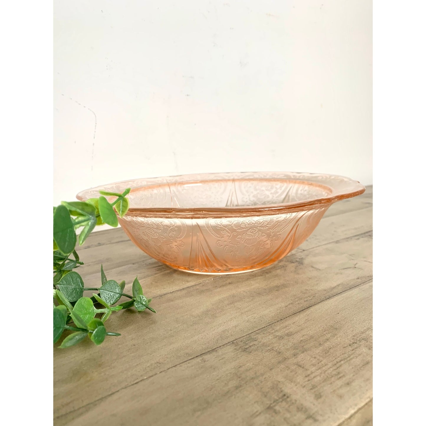 Depression Glass Vintage Pink Serving Bowl Floral Pressed Pattern Scalloped Rim