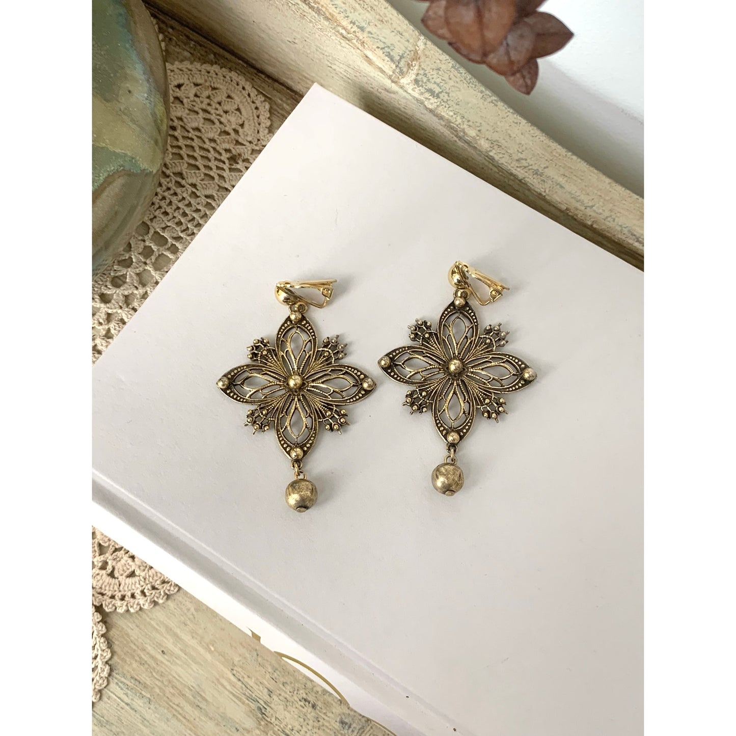 Vintage Gold Tone Clip On Earrings Ornate Filigree Floral Dangle Earrings Statement Jewelry