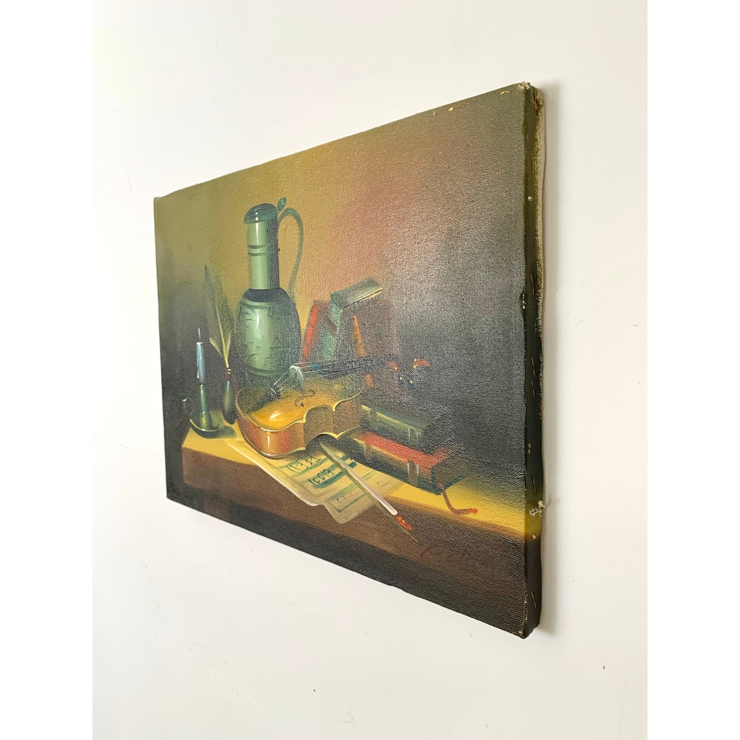 Vintage Still Life Oil Painting with Violin and Books Certified Original Signed