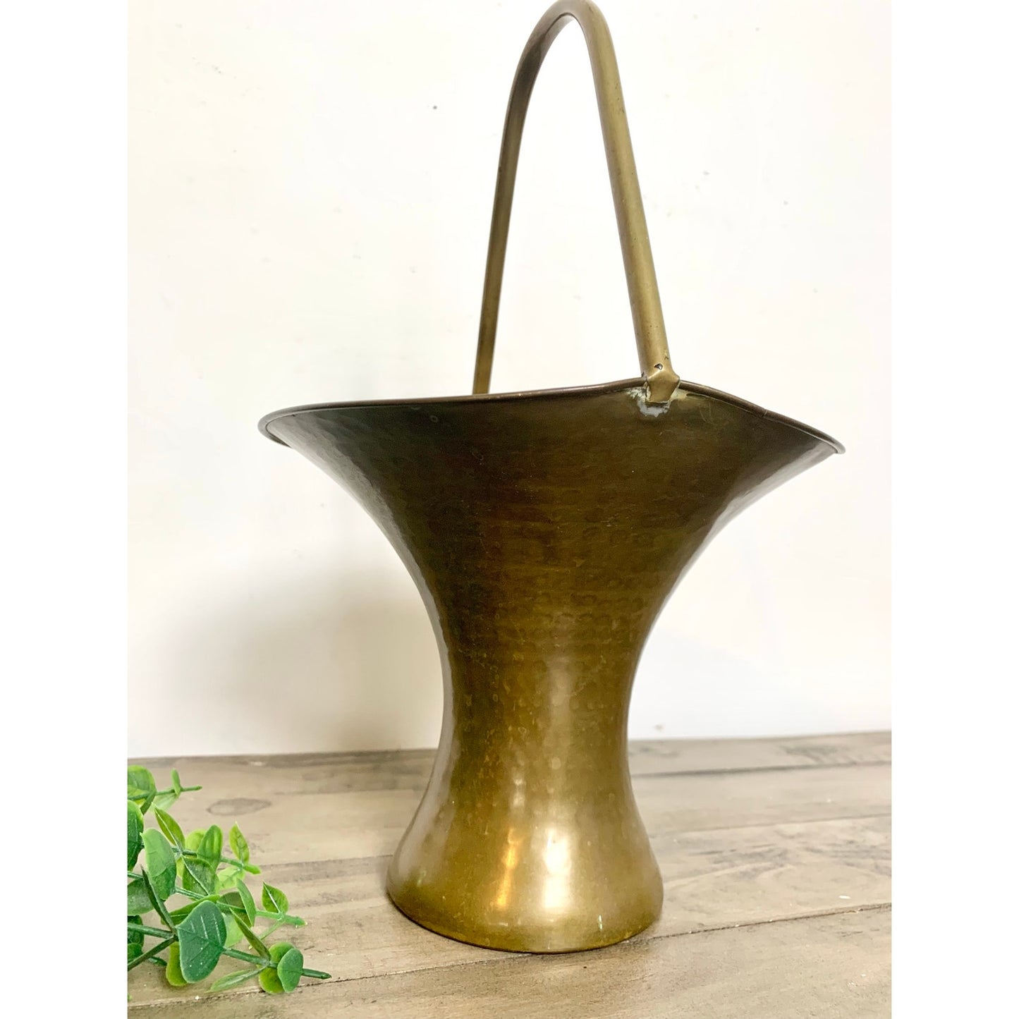 Vintage Hammered Brass Basket Vase Planter Mid Century Patina Brass Vessel