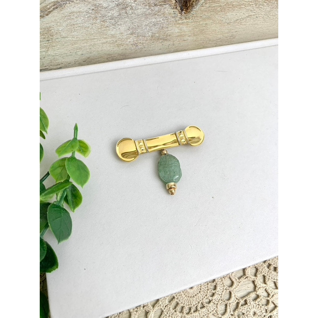 Vintage Gold Tone Bar Brooch with Green Stone Dangle Jade Style Drop Pin