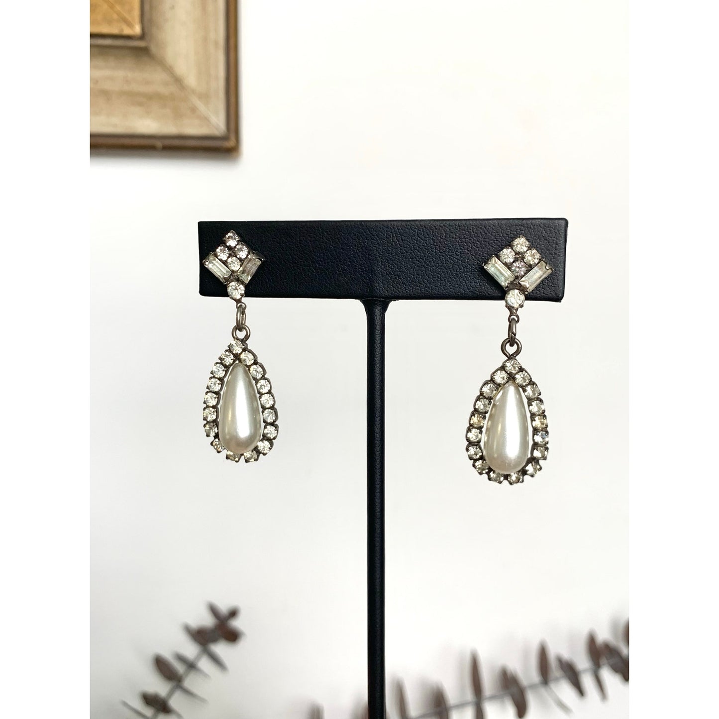Vintage Art Deco Rhinestone Faux Pearl Drop Earrings Teardrop Bridal Dangle Post Back