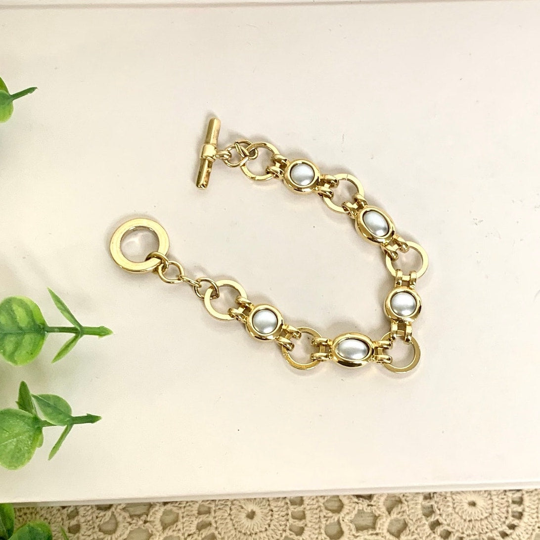 Vintage Liz Claiborne Bracelet Goldtone Silver Cabochon Toggle Bracelet Signed