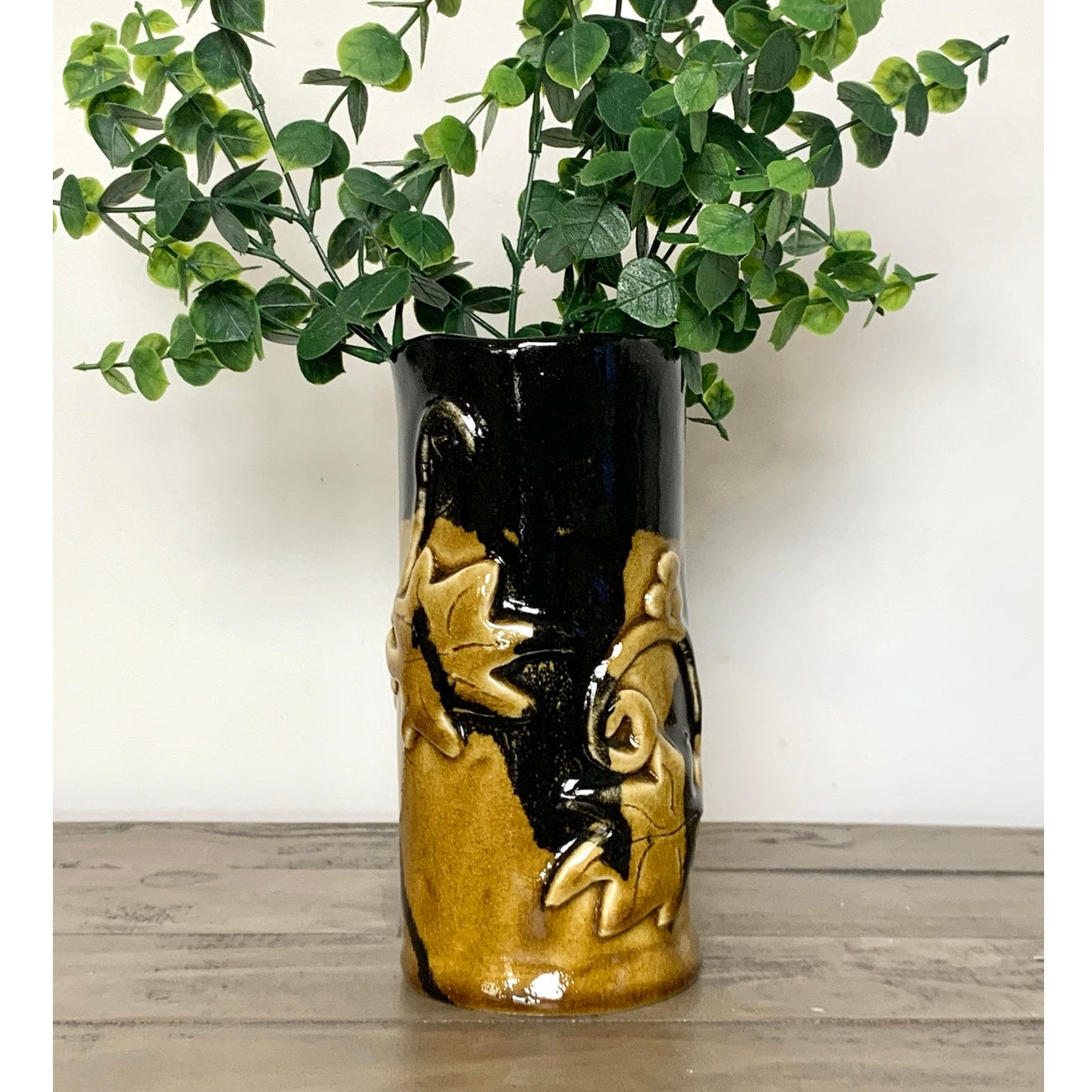 Vintage Black and Gold Ceramic Vase with Raised Vine and Leaf Design – Rustic Studio Pottery