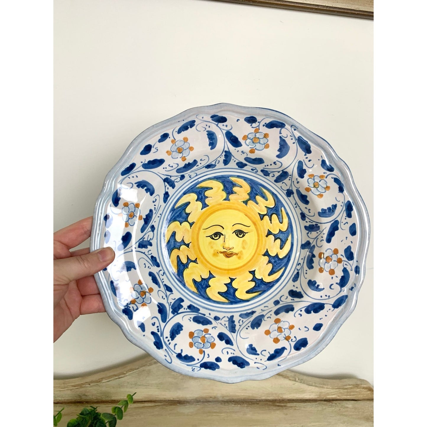 Vintage Italian Pottery Bowl Caltagirone Hand Painted Sun Sicilian Art Dish