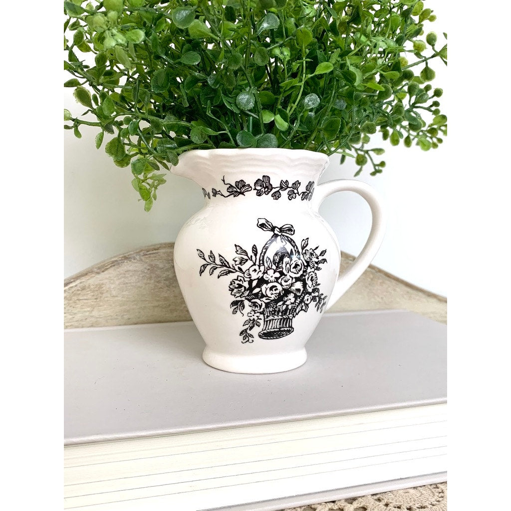 Vintage Black Transferware Creamer Vase New England Toile Farmhouse Cottage Whimsigoth