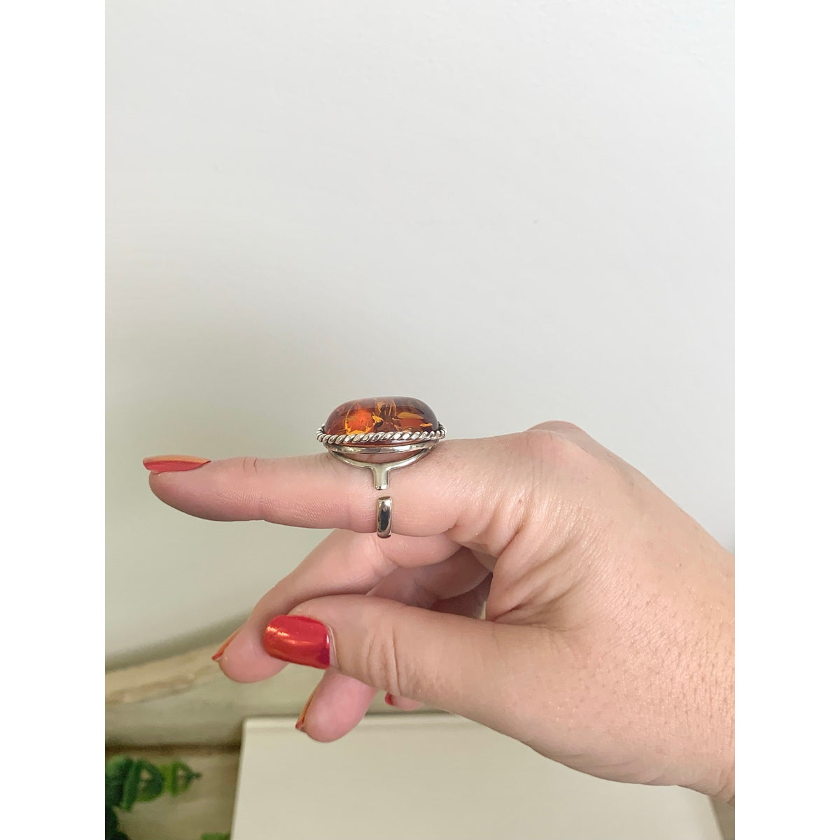 Vintage Sterling Silver Amber Ring Adjustable Oval Statement Jewelry Boho Southwestern