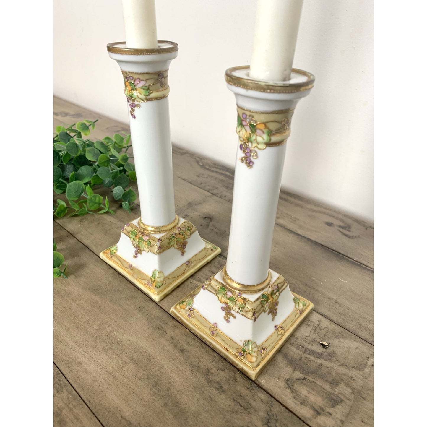 Antique Nippon Hand-Painted Candlestick Holders Pair Grape & Gold Moriage 7” H