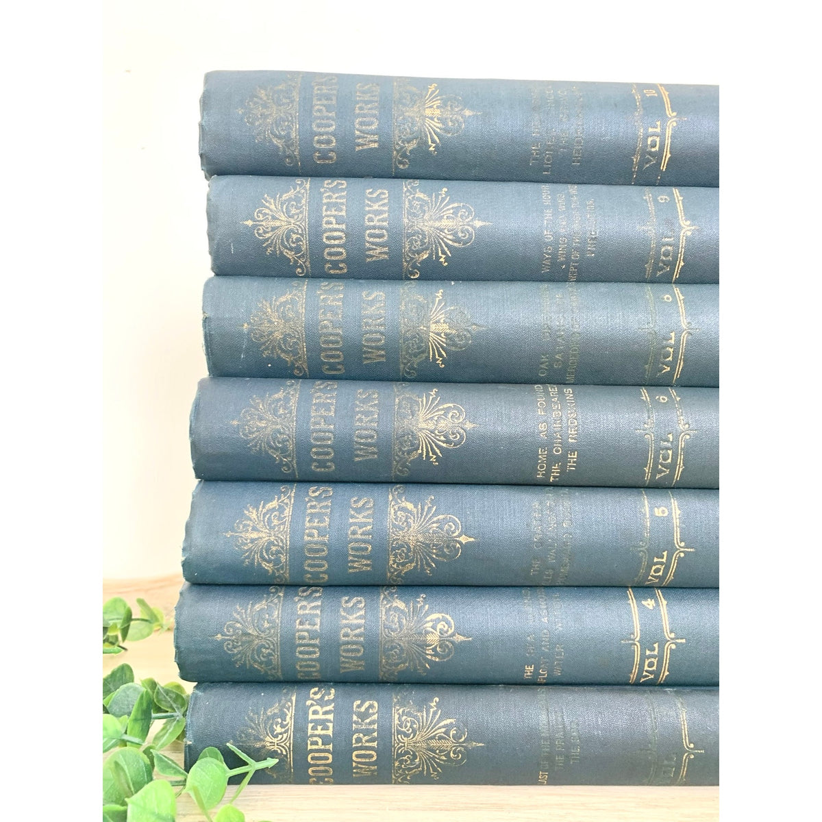 Antique 1891 James Fenimore Cooper Works Seven Volume Blue Gilt Book Set